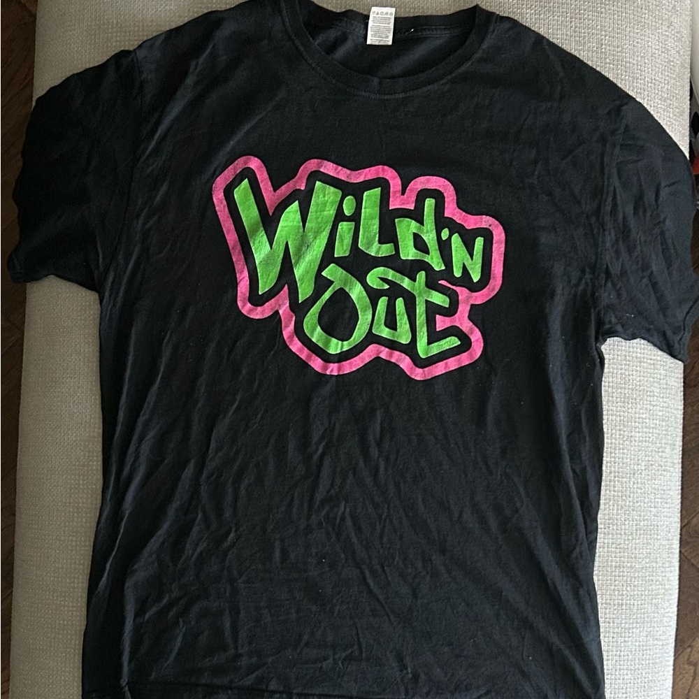 Fruit of the Loom Black Tee with Neon Green and Pink Graphic